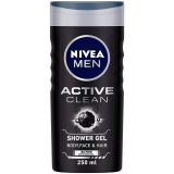 NIVEA Men Body Wash, Active Clean with Active Charcoal, Shower Gel for Body, Face & Hair, 250 ml