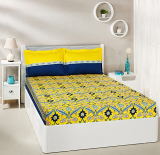 Amazon Brand – Solimo Imperial Trail 144 TC 100% Cotton Double Bedsheet with 2 Pillow Covers, Yellow and Navy Blue